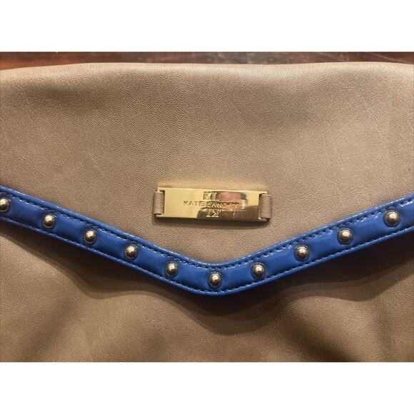 Kate Landry Tan Shoulder Bag Purse With Blue And Gold Accents Cheetah Lining - Picture 3 of 10